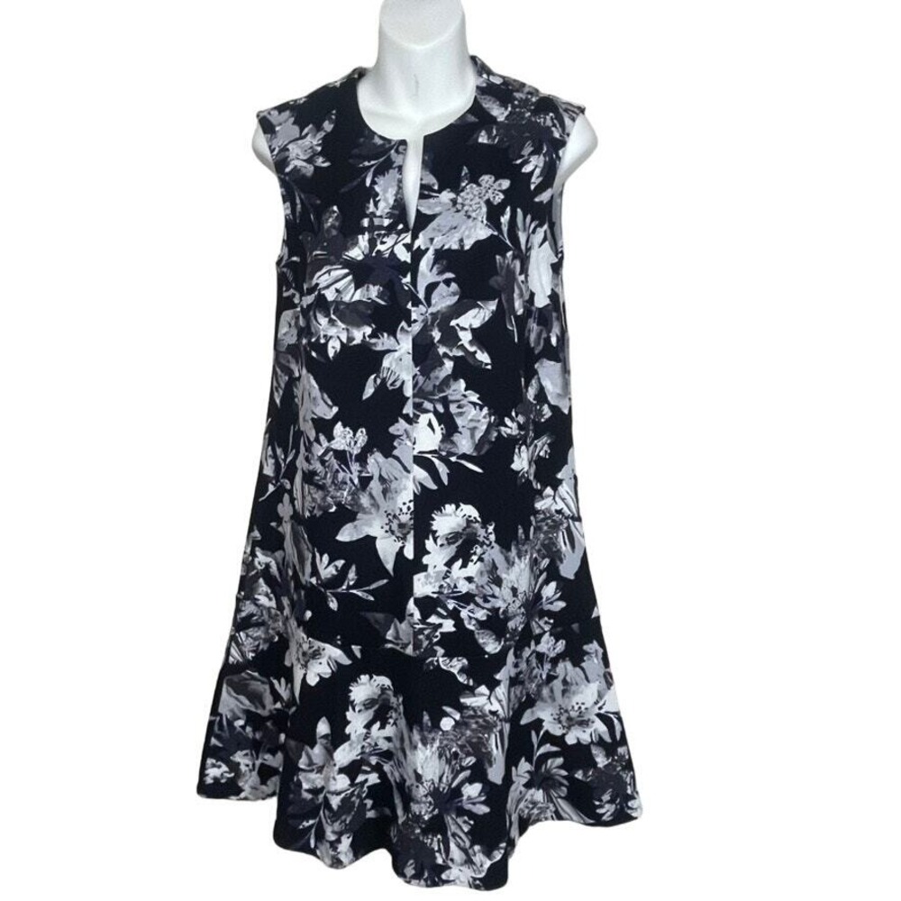 Lord & Taylor Floral Shift Dress Womens XS Black White Mod Whimsigoth Chic